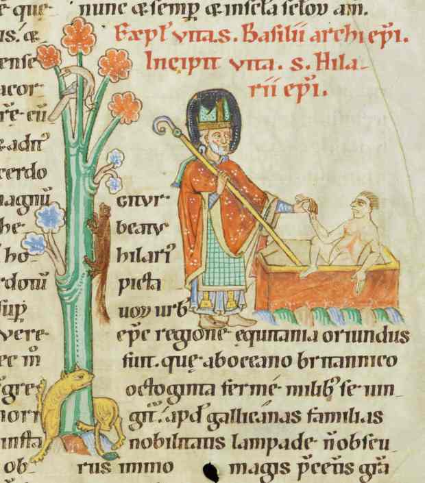 San Hilario de Poitiers, doctor de la Iglesia. Iluminación del Pasionario de Weissenau; Fundación Bodmer, Coligny, Suiza; Cod. Bodmer 127, fol. 144r.