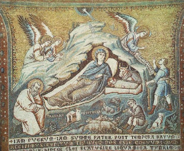 Nacimiento de Jesús (1291), Pietro Cavallini (1250-1330). Pintor y diseñador de mosaicos. Mosaico. Photo Credit: Santa María del Trastevere, Roma, Italia. El Trecento: entre Roma y Asís. Estilo: naturalismo romano.