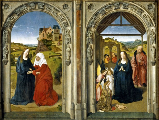 Dirk Bouts. Tríptico de la Vida de la Virgen, pintado hacia 1445. En un edificio en ruinas se construye un establo, no hay presencia ni del buey ni de la mula. El Niño completamente indefenso llama la atención por estar directamente en el suelo. San José en un segundo plano, arrodillado en señal de respeto y reconocimiento hacia el Hijo de Dios.