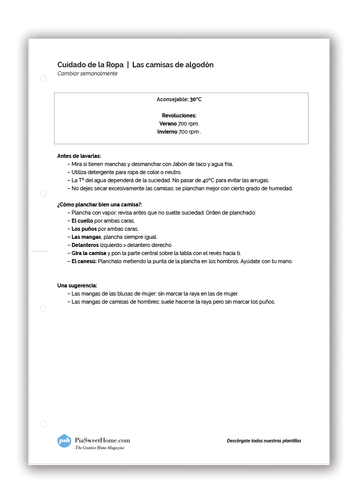Esta plantilla sobre cómo cuidar las CAMISAS pauta bien cómo lavarlas, a qué temperatura, qué tipo de detergente, etc.