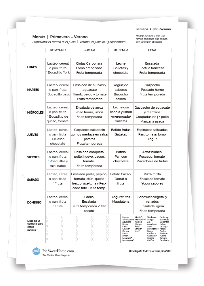 La plantilla de menús de Primavera-Verano te simplifica el trabajo de pensar cada semana qué hacer de comida. Úsalas y verás cómo tu casa está mejor organizada.