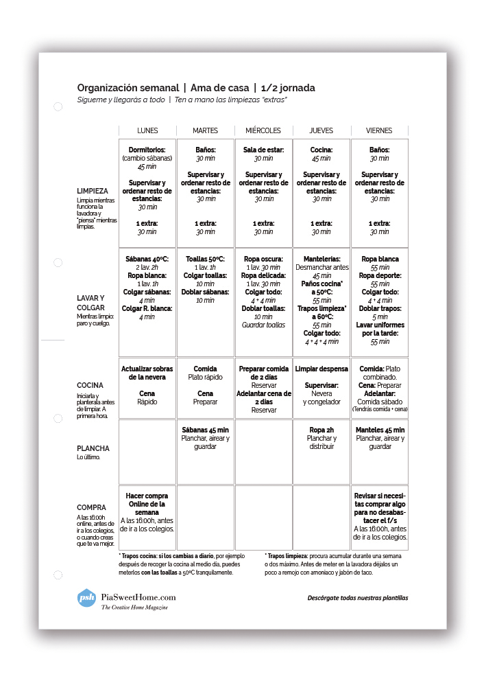Cómo organizar la casa si solo tienes media jornada? Aquí tienes la pauta. Esta plantilla es de piasweethome.com